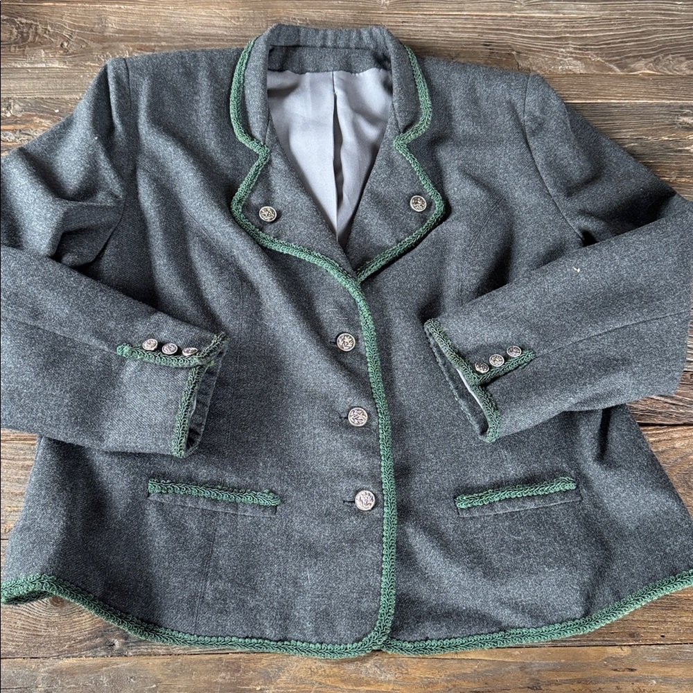 Austrian Trachten  custom made grey wool green trimmed jacket‎ EVC size M/L